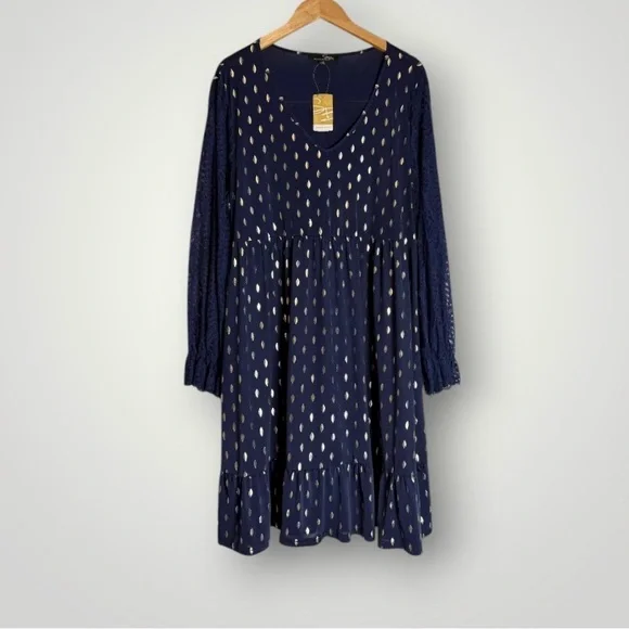 Suzanne Betro Gold Leaf Print Empire Dress Sz 1X Lace Sleeve Ruffle Cuff Pockets - Picture 2 of 8